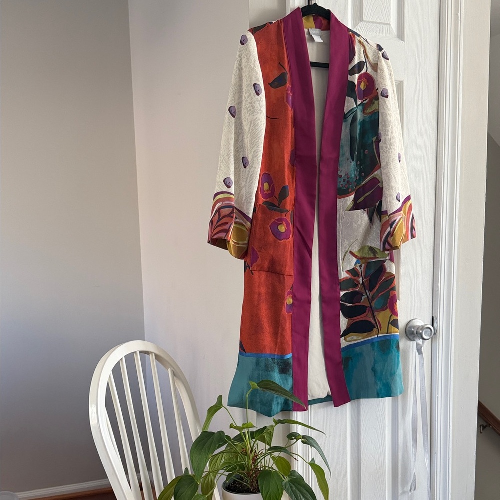 Chico's Vibrant Floral Patchwork Kimono Jacket - Yellow, Pink, Orange, Cream